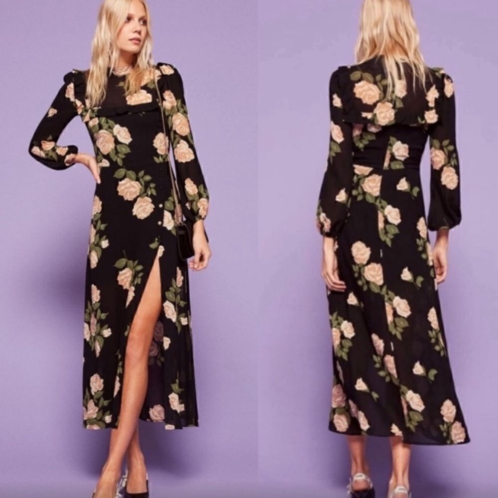 Reformation Gillian Venus Midi  Black Dress Floral Long Sleeve Size 2